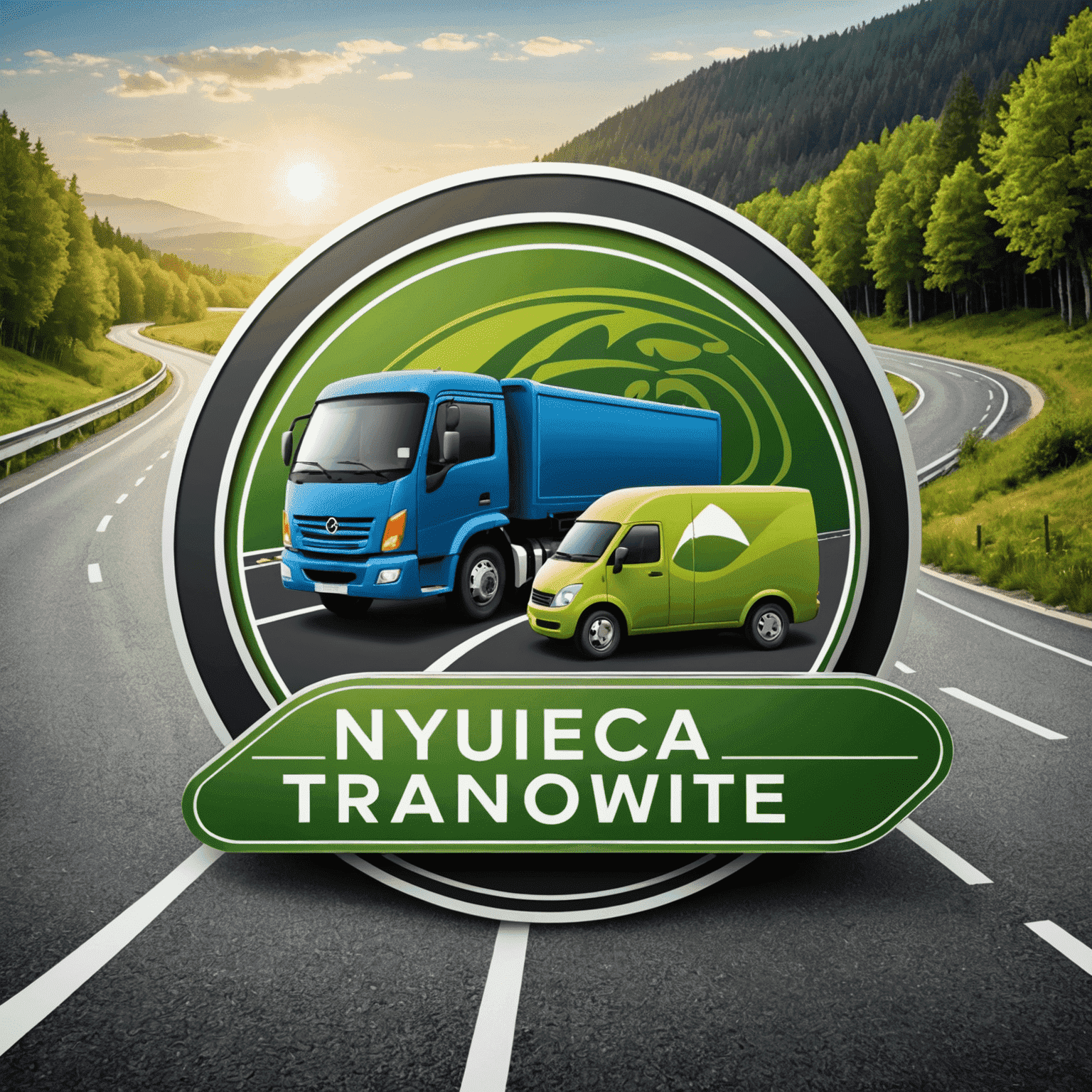 Road Transport Logo featuring a stylized road with eco-friendly vehicles
