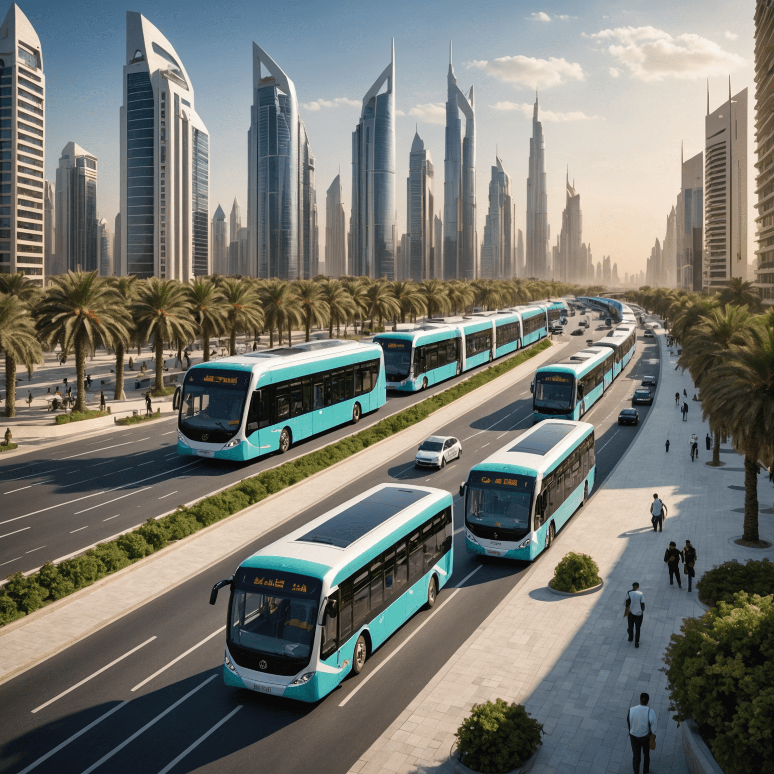 A modern cityscape of UAE with sustainable transport options like electric buses, bike lanes, and pedestrian-friendly walkways. The image showcases the blend of urban development and eco-friendly transportation solutions.