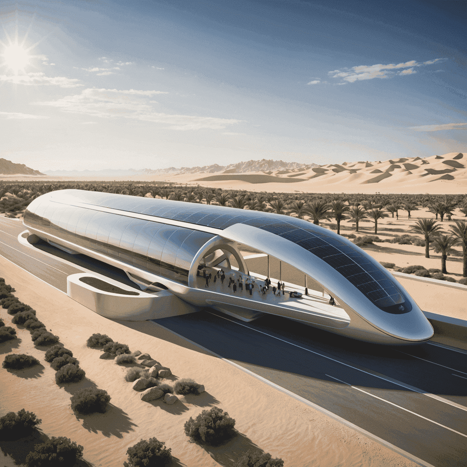 Artist's rendering of the Dubai-Abu Dhabi Hyperloop station with sleek, eco-friendly design surrounded by desert landscape and solar panels
