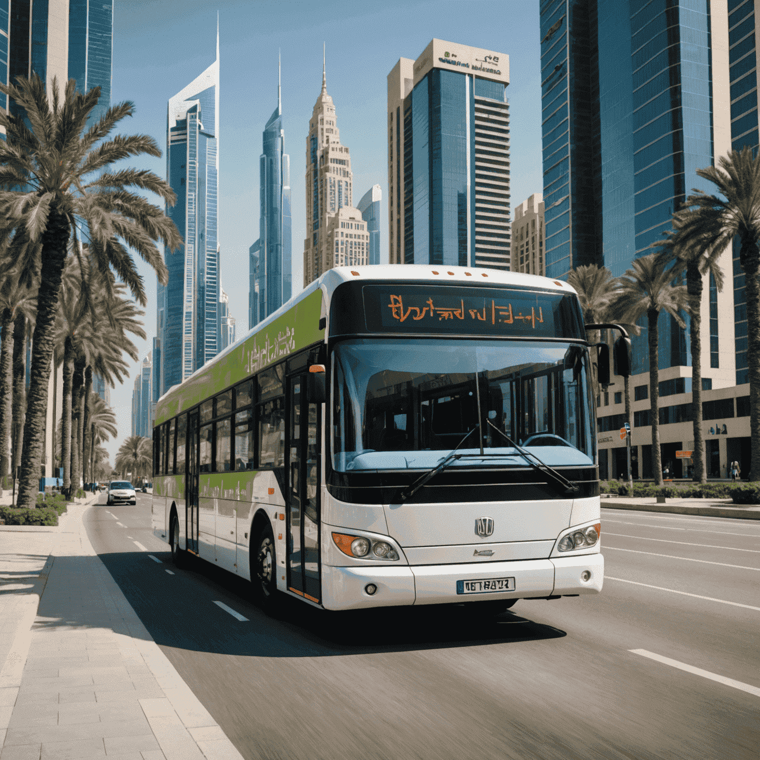 A modern, eco-friendly bus driving through a bustling UAE city street with skyscrapers in the background and palm trees lining the road