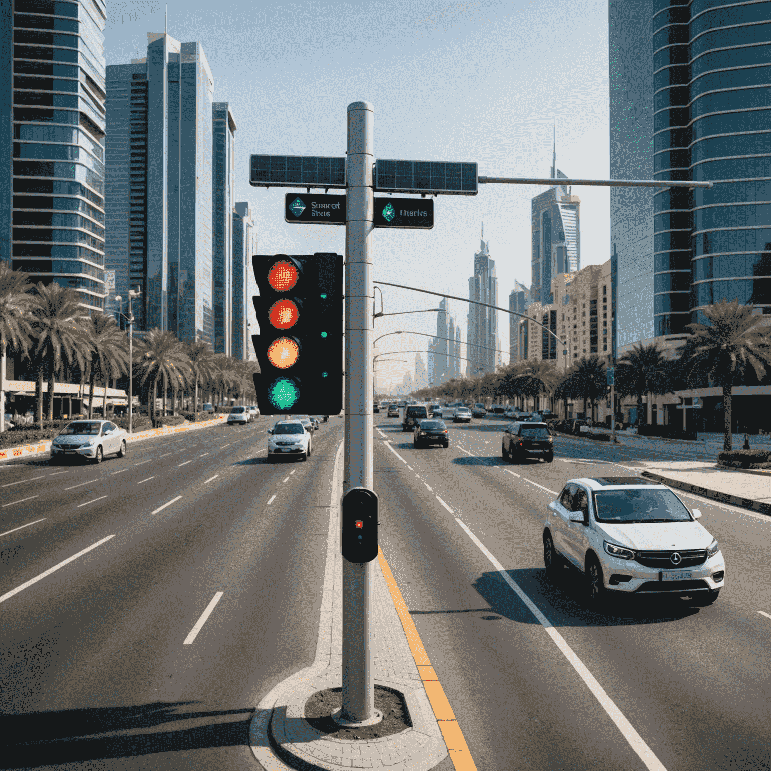 Smart traffic lights installed at a busy intersection in Dubai, with sleek design and solar panels visible