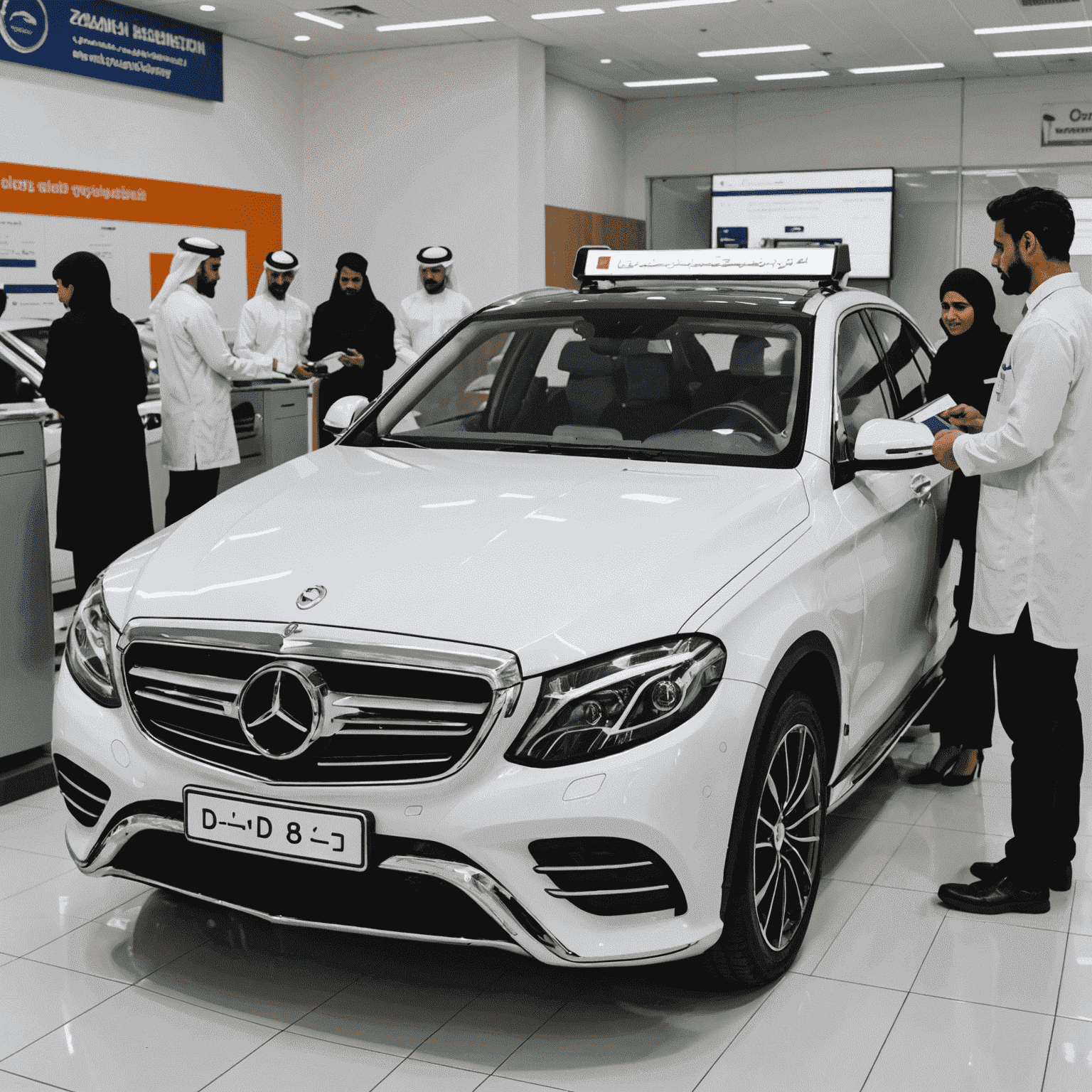 A modern car being registered at a UAE vehicle registration center, with staff assisting and digital displays showing the process