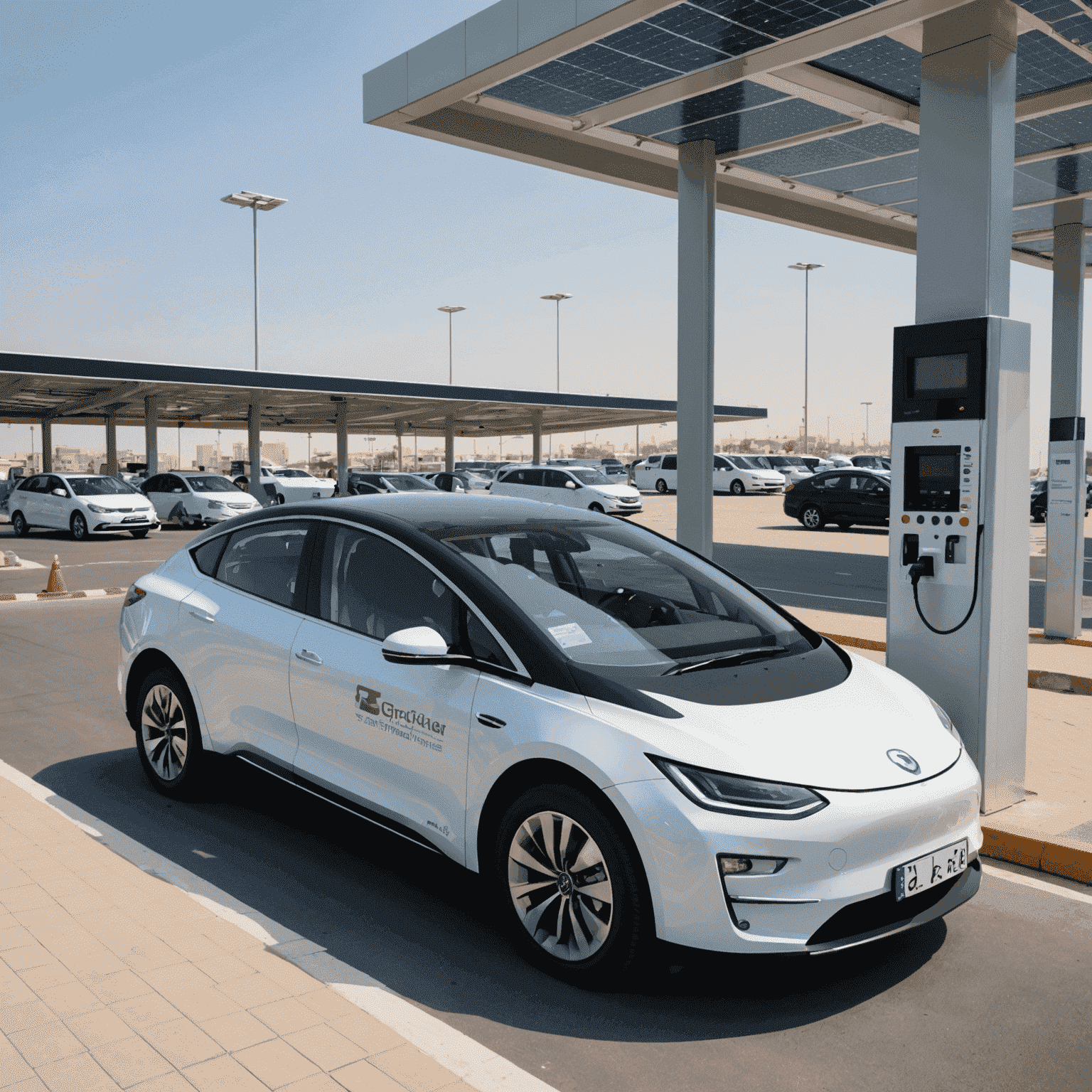 A modern, sleek electric vehicle being registered at a UAE RTA center. The image showcases the eco-friendly approach to transportation with solar panels visible in the background.