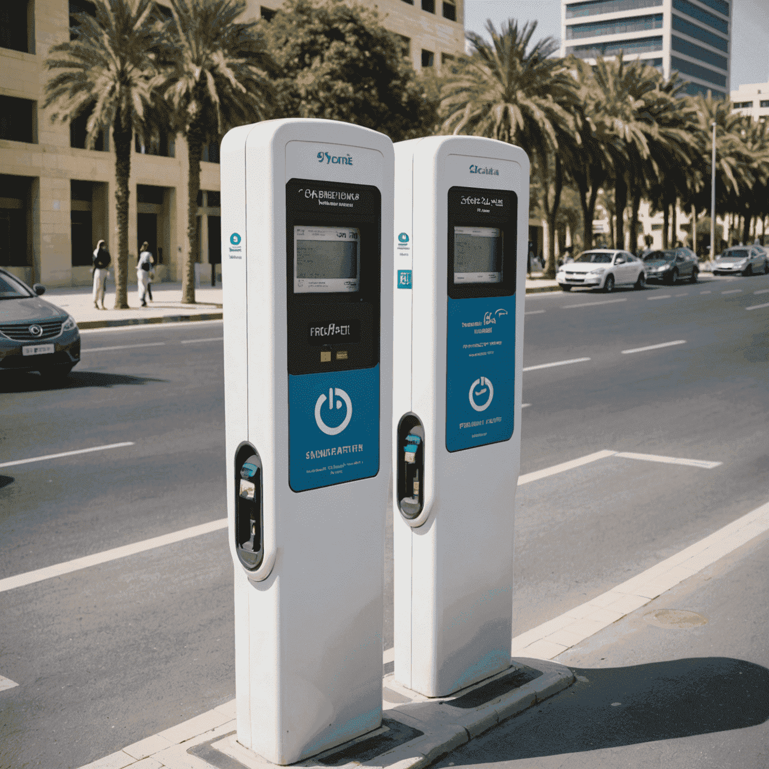 Various parking meters installed in different locations across UAE cities, showcasing modern and user-friendly designs