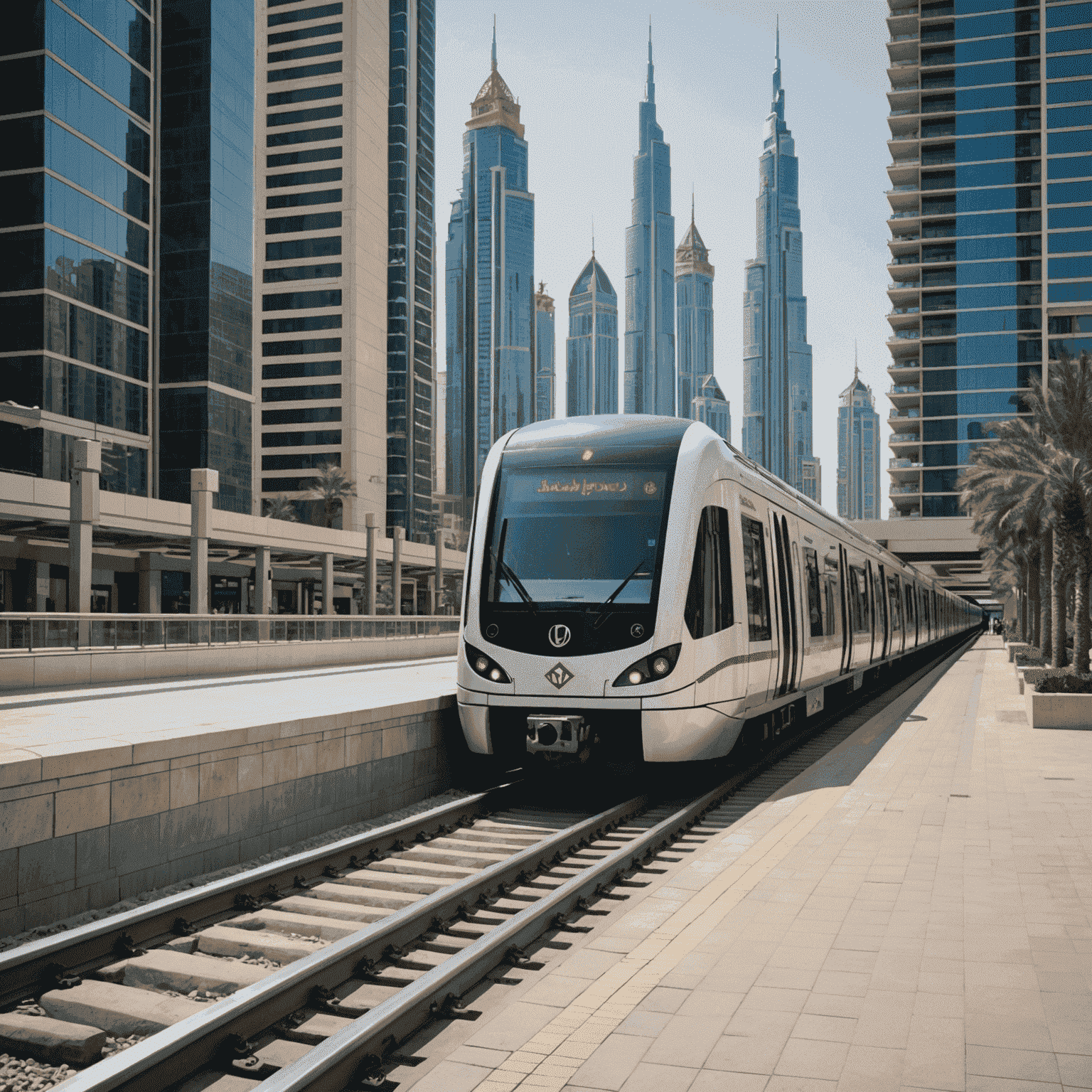 A modern metro train in Dubai with skyscrapers in the background, showcasing the advanced public transportation system in the UAE