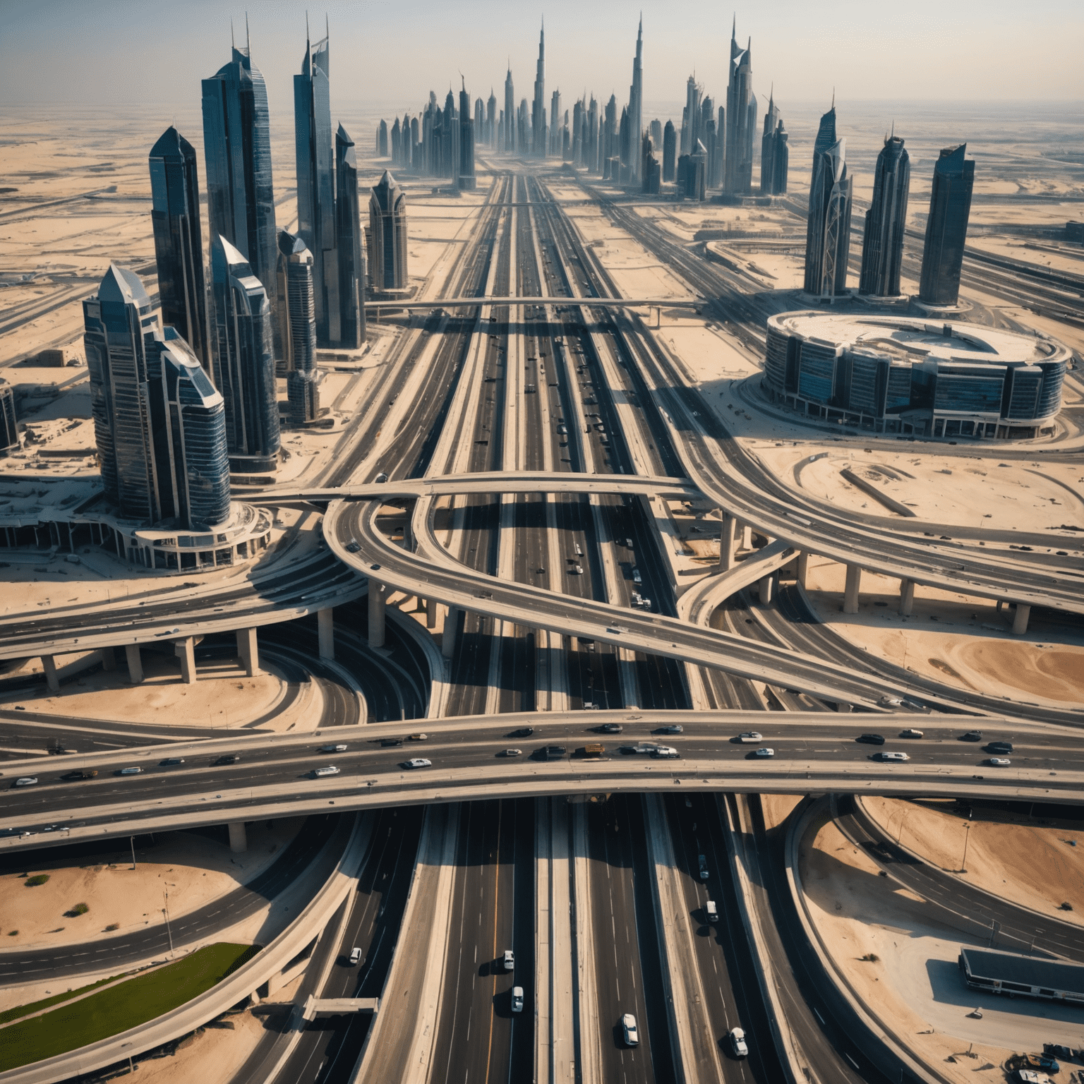 Aerial view of Dubai's highway system with Salik toll gates visible, showcasing modern infrastructure and sustainable urban planning