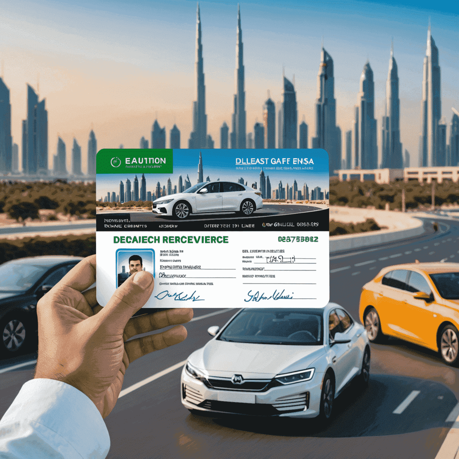 A person holding a UAE driver's license with a background of Dubai's modern skyline and eco-friendly electric vehicles
