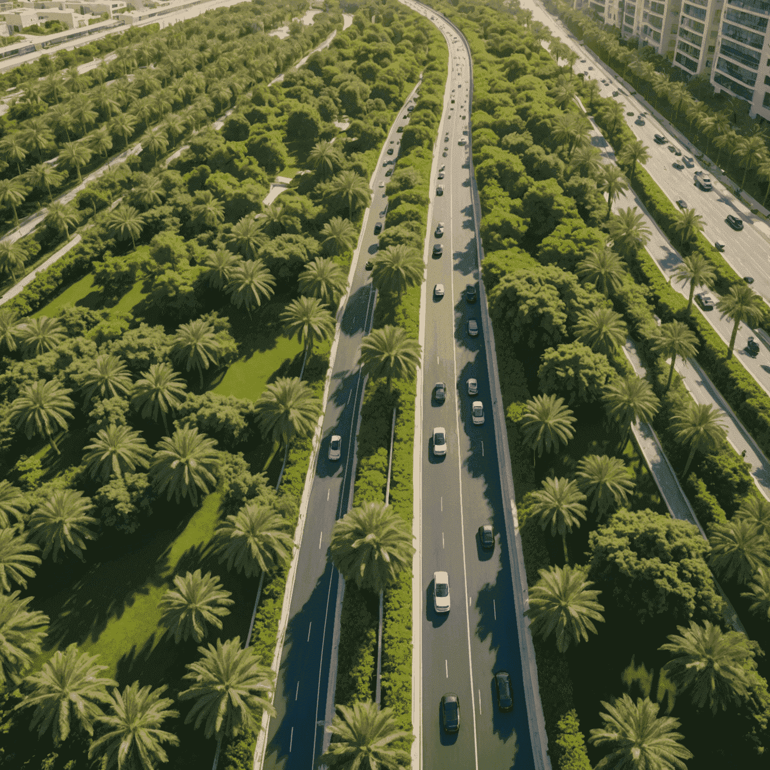 Aerial view of a newly constructed green corridor in Dubai with dedicated lanes for electric vehicles, cyclists, and pedestrians, surrounded by lush vegetation