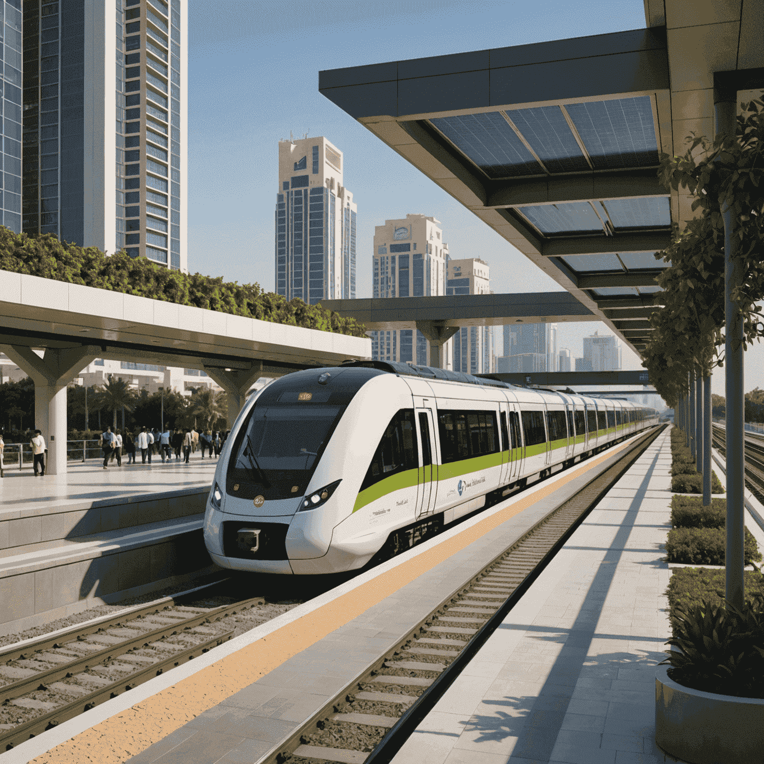 A sleek, modern metro train arriving at a newly constructed station in UAE, with solar panels visible on the station roof and greenery integrated into the design