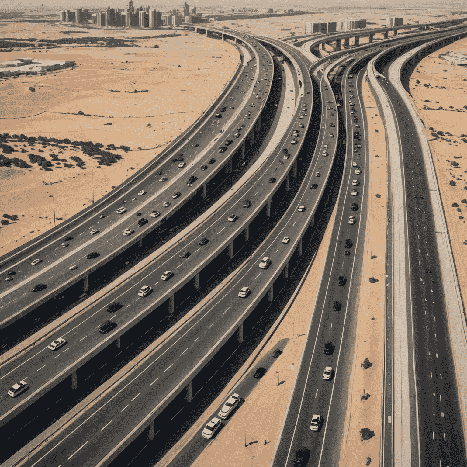 Before and after aerial view of a UAE highway, showing reduced traffic congestion due to new management strategies