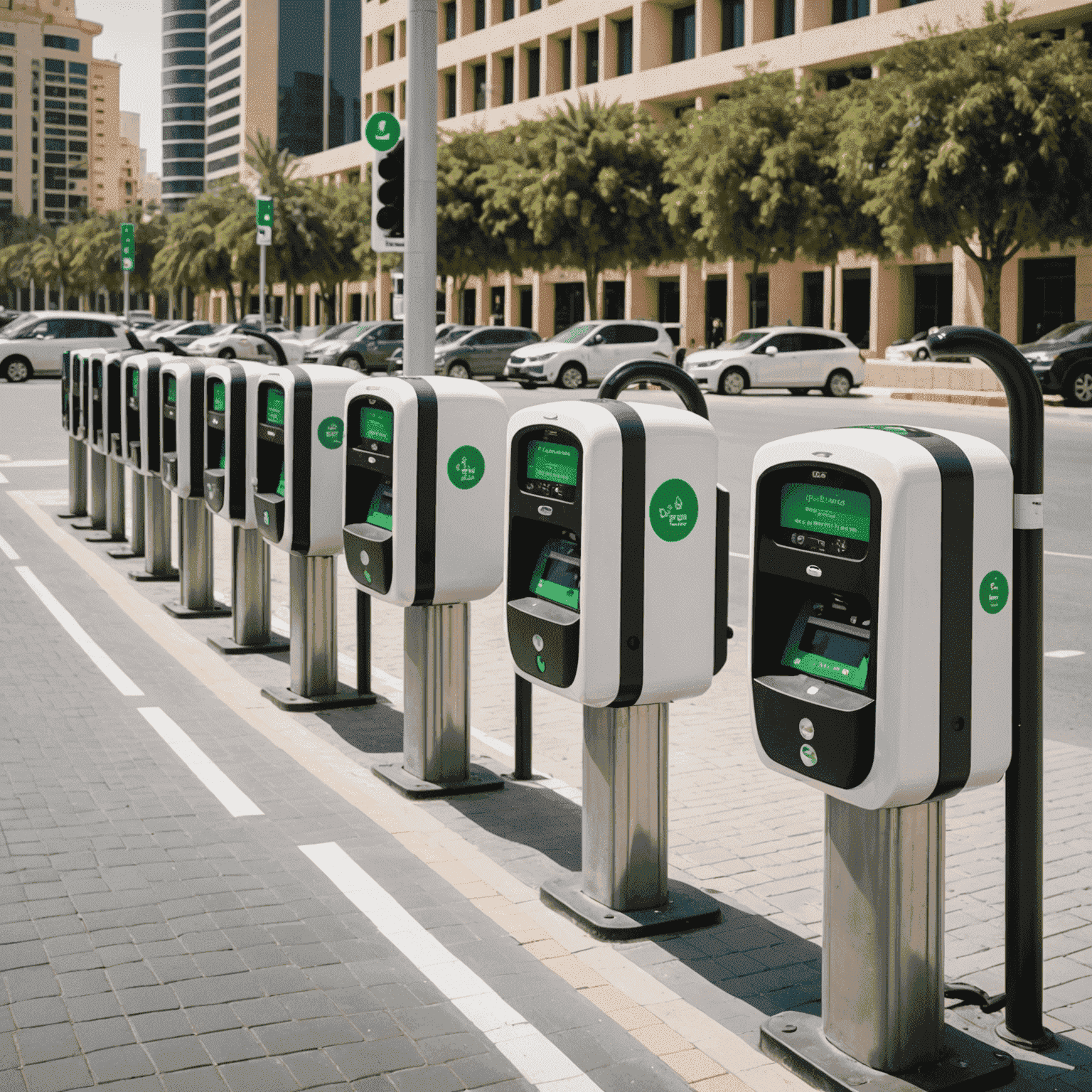 A row of eco-friendly parking meters in a UAE city, with electric vehicle charging stations visible nearby