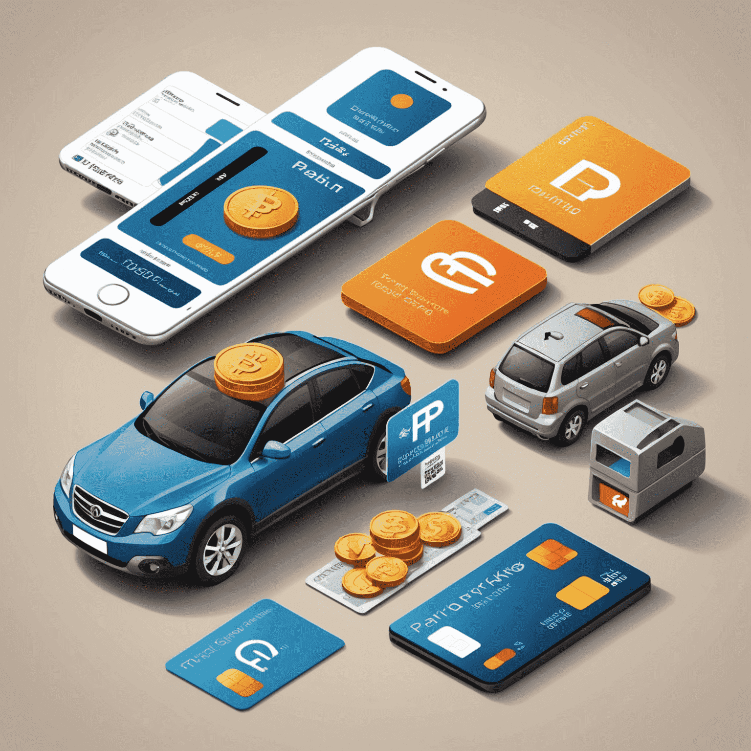 Illustration showing various payment methods for parking including mobile app, credit card, and coins