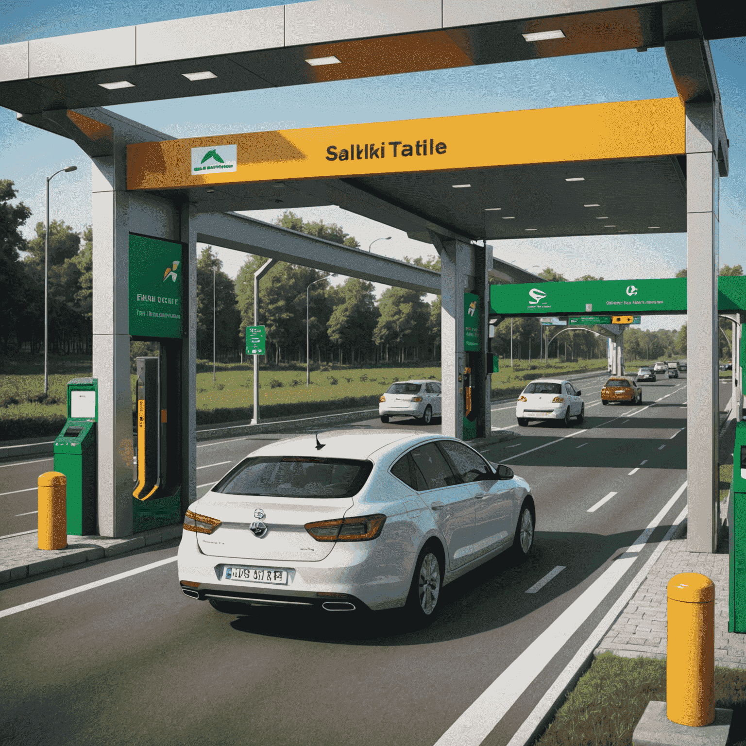 Close-up of a Salik toll gate with a car passing through, demonstrating the seamless and eco-friendly toll collection process