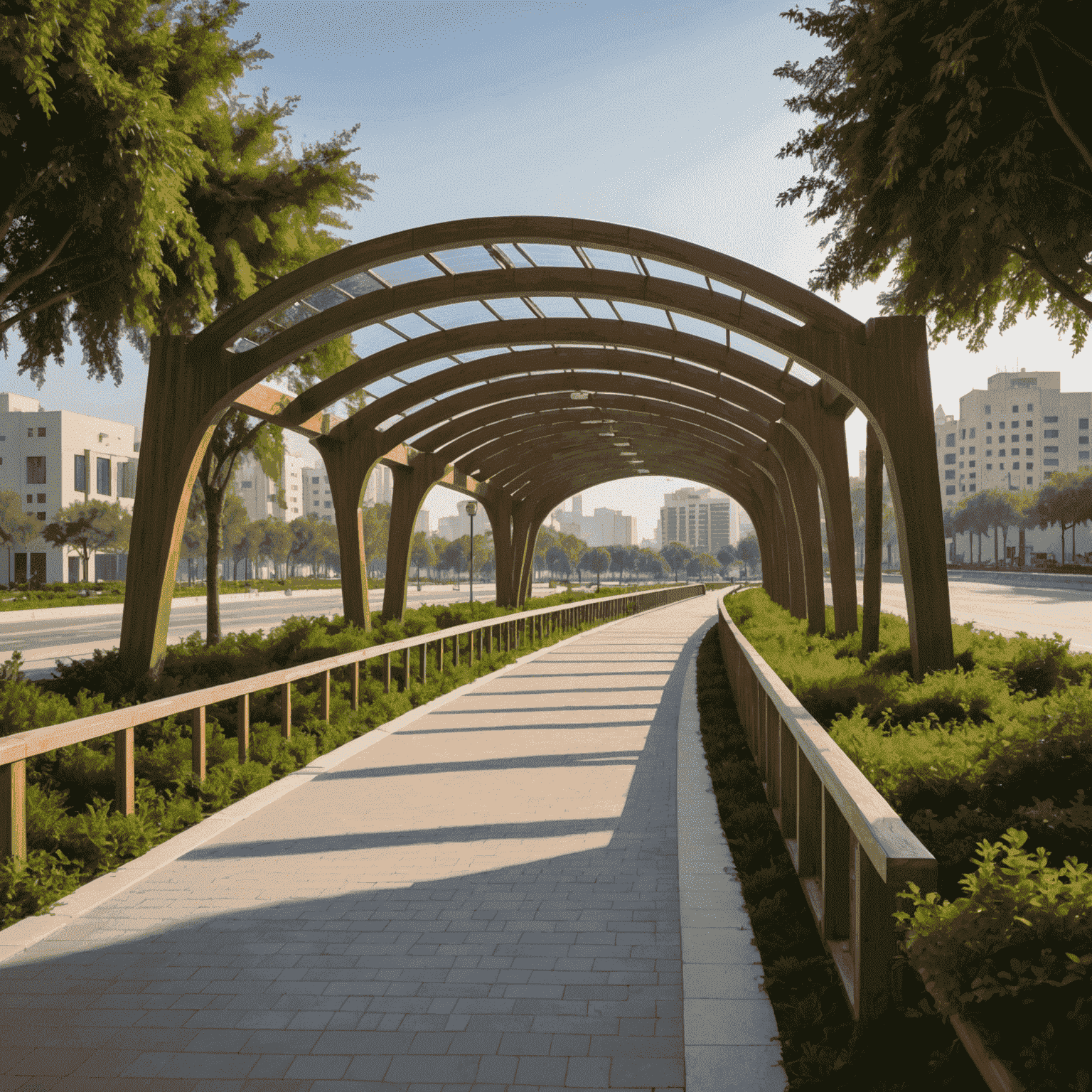 A newly constructed bridge in Sharjah made with eco-friendly materials, featuring solar-powered lighting and pedestrian walkways with green plantings