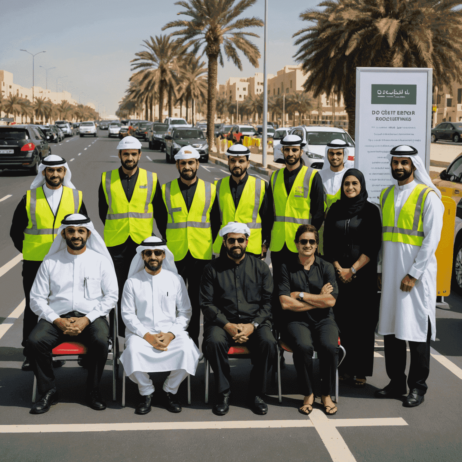 A group of diverse UAE residents participating in a road safety awareness event, with informative banners and interactive displays