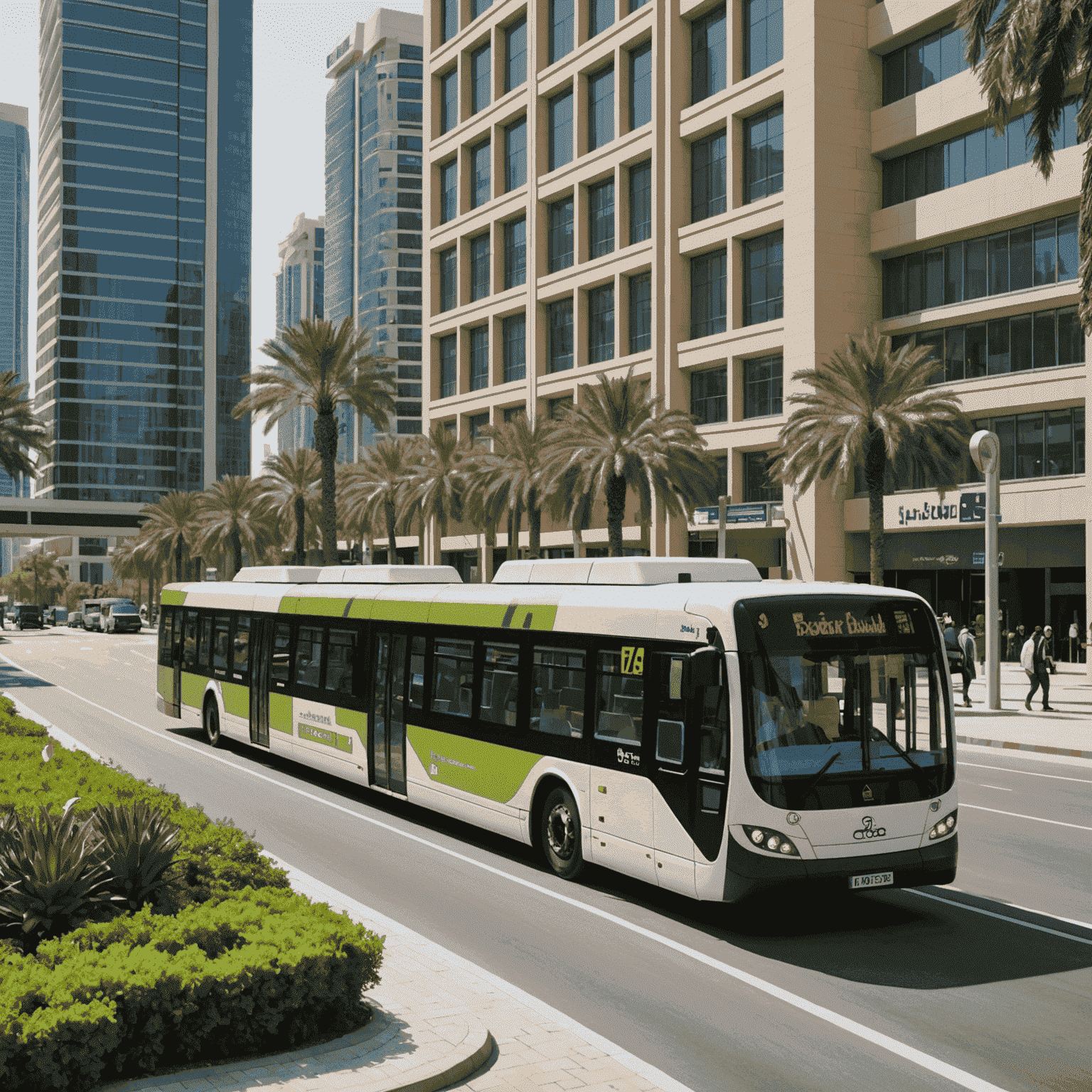 A modern, eco-friendly bus and metro train side by side in a UAE cityscape, showcasing sustainable public transport options