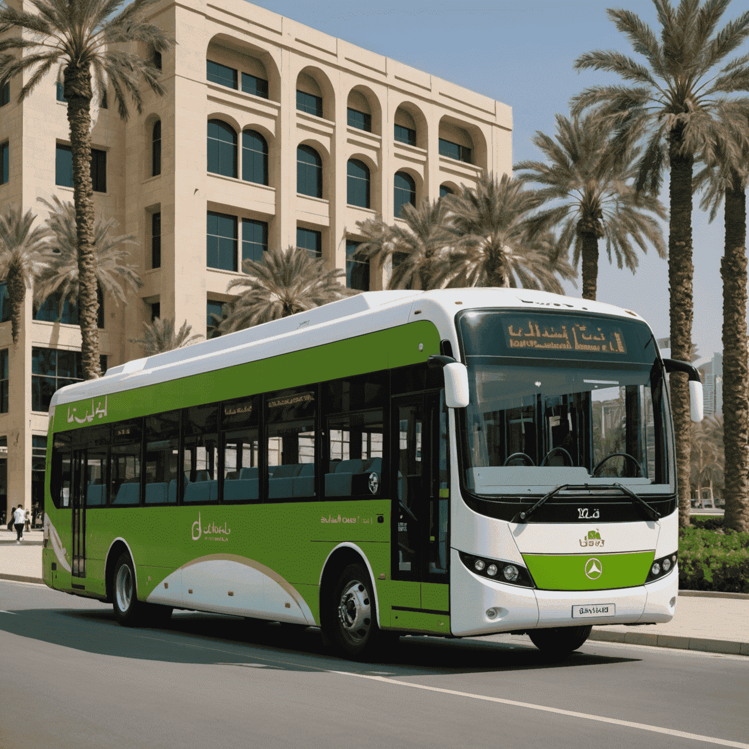 A modern, eco-friendly bus operating in Abu Dhabi, showcasing the UAE's commitment to green public transportation
