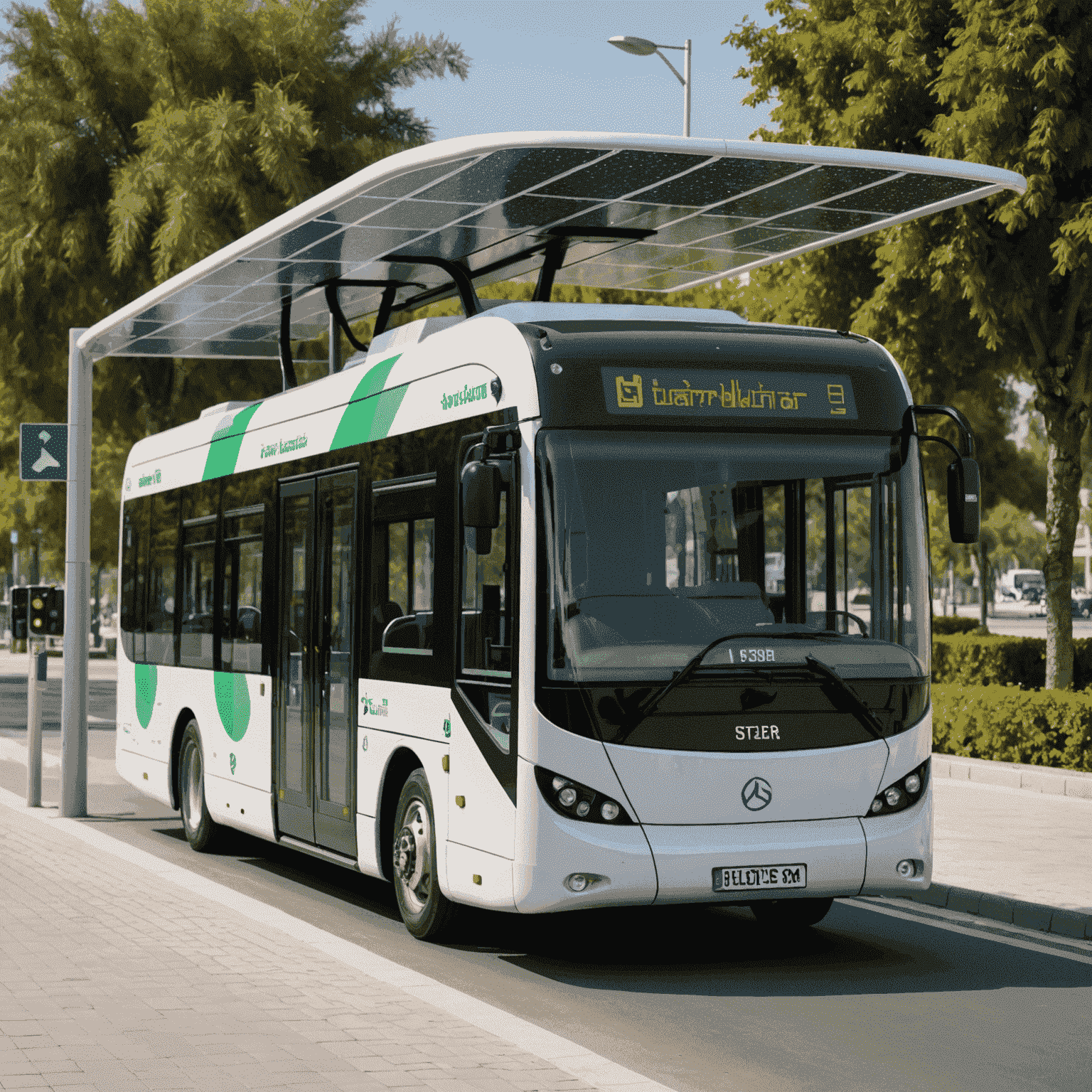 Modern electric bus at a smart bus stop with solar panels, representing innovative and sustainable public transport solutions in UAE