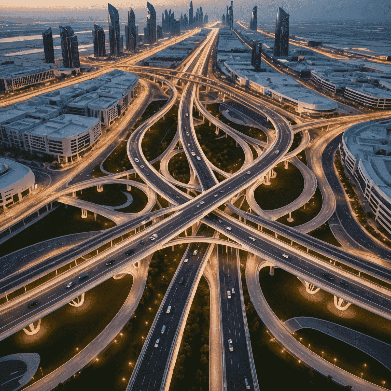 A high-tech traffic interchange in Abu Dhabi with smart sensors, LED displays, and surrounded by drought-resistant landscaping