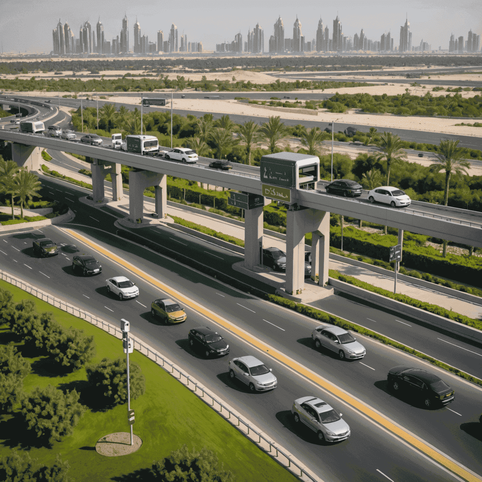 An electronic Salik toll gate on a UAE highway with vehicles passing through, surrounded by green landscaping