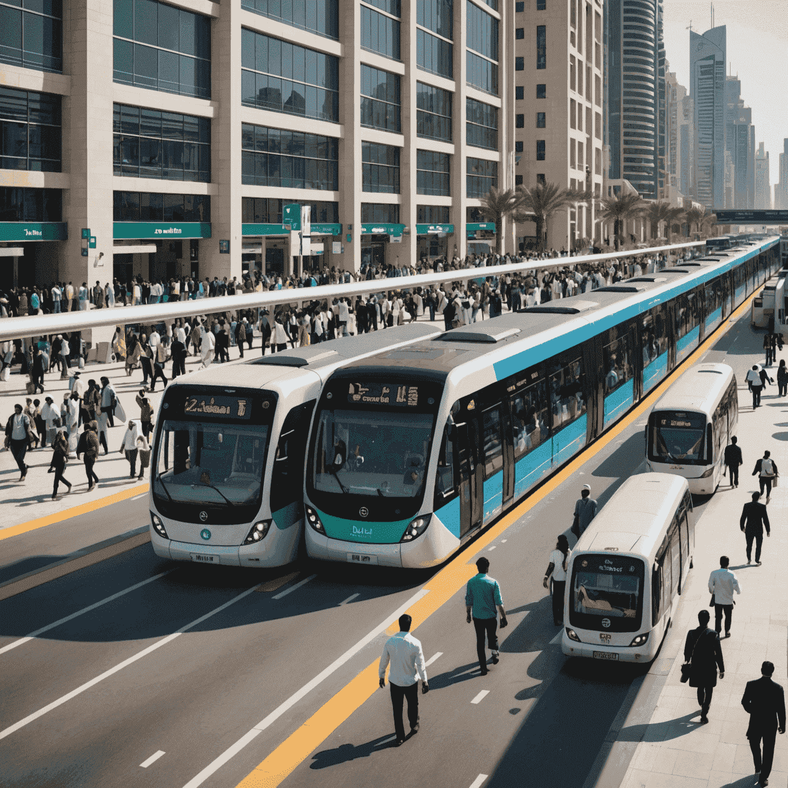 A busy transport hub in Dubai showing integration of metro and bus services, with people using various public transport options
