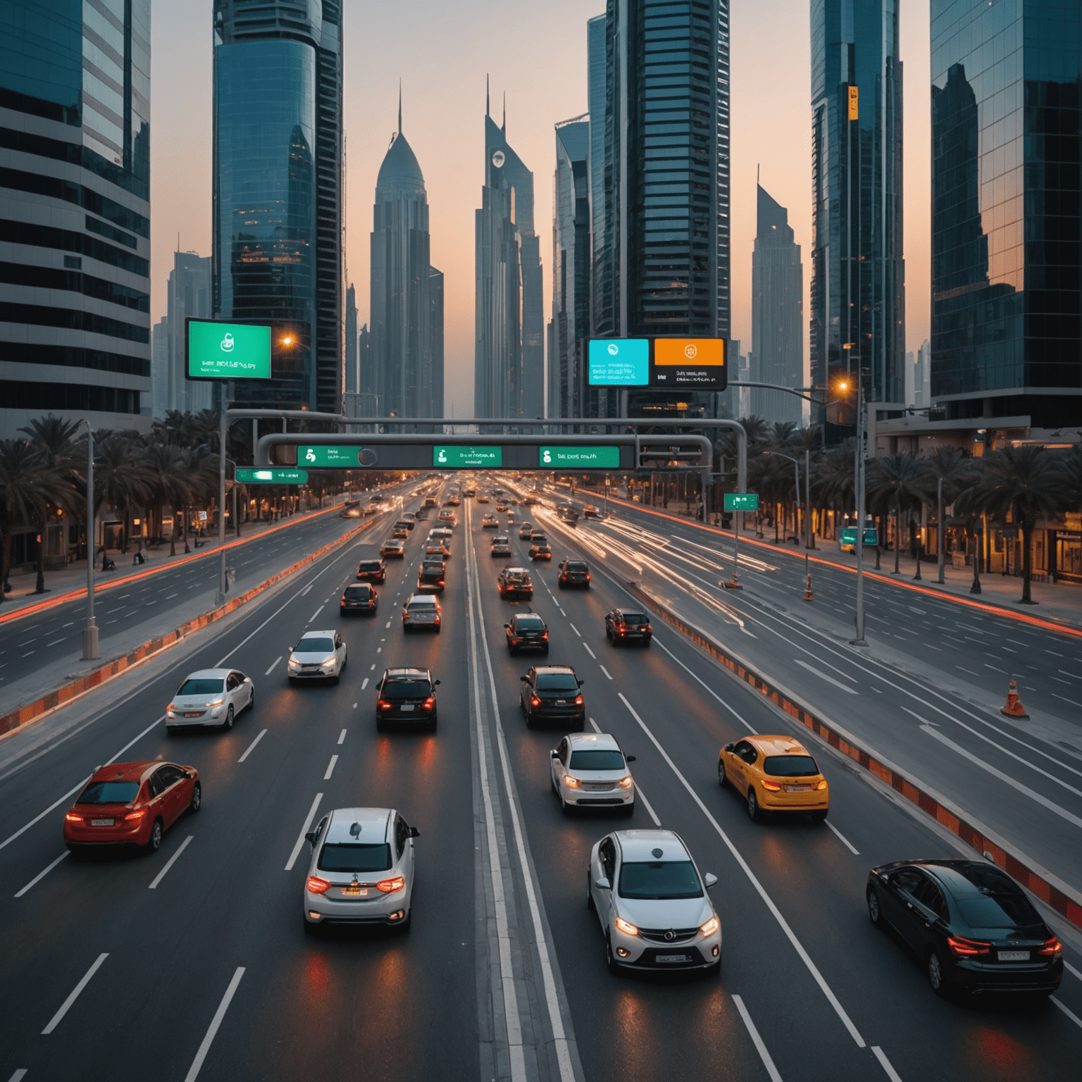 Smart traffic management system with AI-powered traffic lights and digital signage, showcasing advanced traffic control in a UAE city