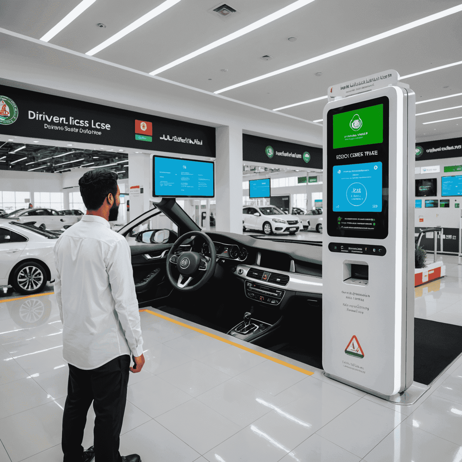 A person receiving their UAE driver's license at a modern, eco-friendly RTA center with digital screens displaying driving safety information
